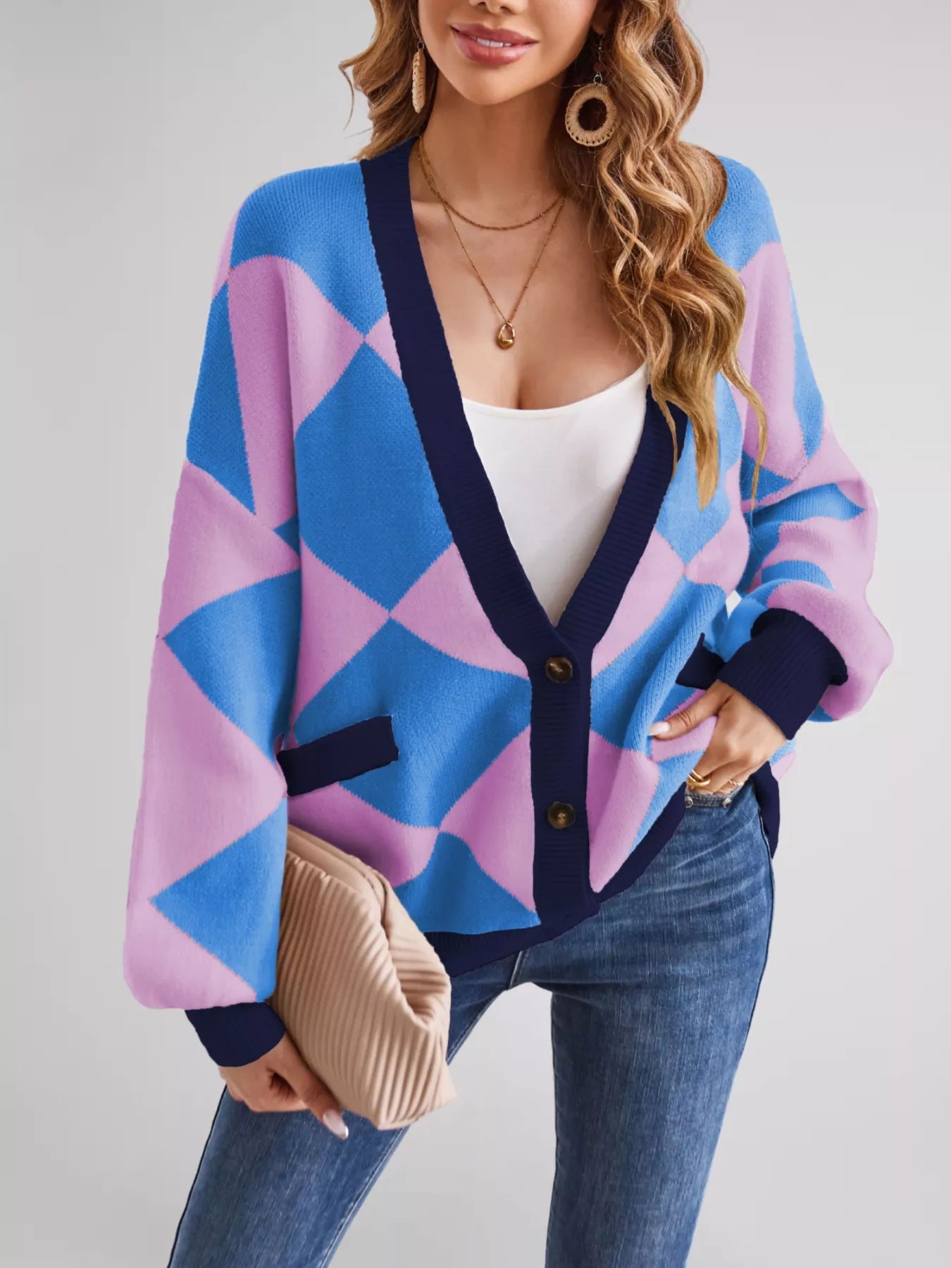 Viona - Diamond pattern loose button-up knit cardigan