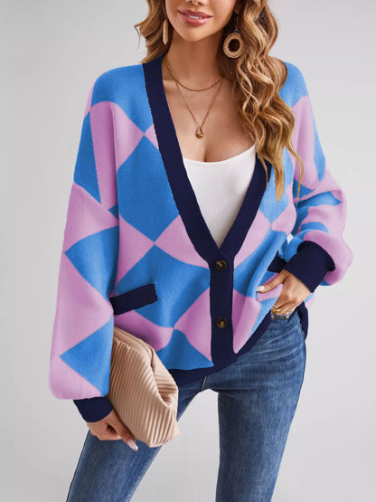 Viona - Diamond pattern loose button-up knit cardigan