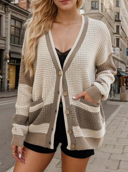 Elvina - Stylish waffle knitted contrast long sleeve cardigan