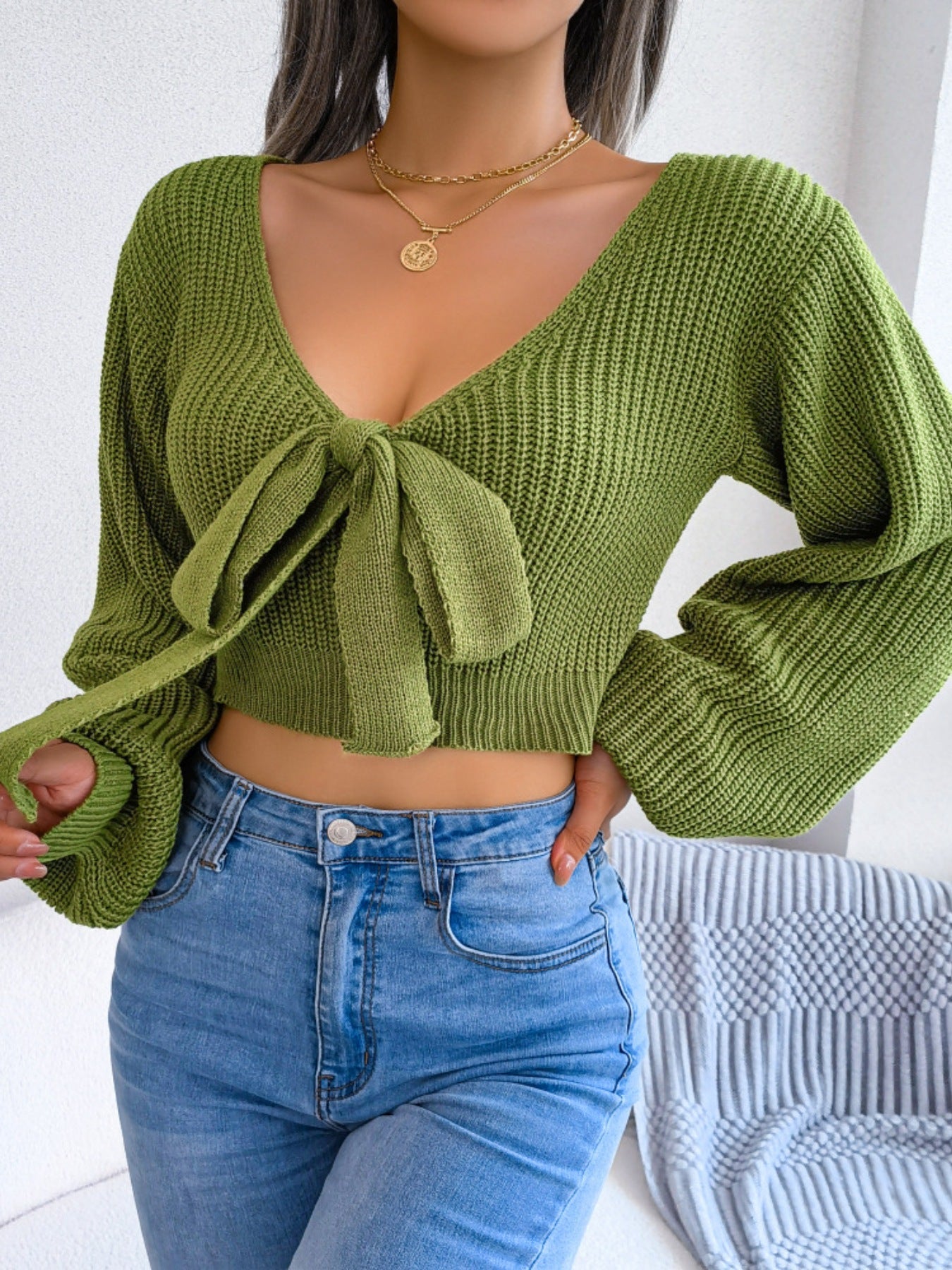 Glenda - Stylish knitted tie-front cropped sweater