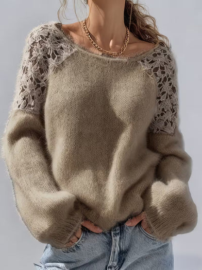 Quantina - Cozy hollow-out lace shoulder long sleeve sweater