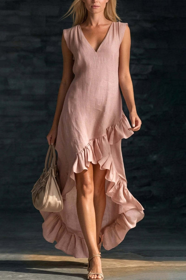 Velinda - Stylish loose V-neck sleeveless ruffled hem maxi dress