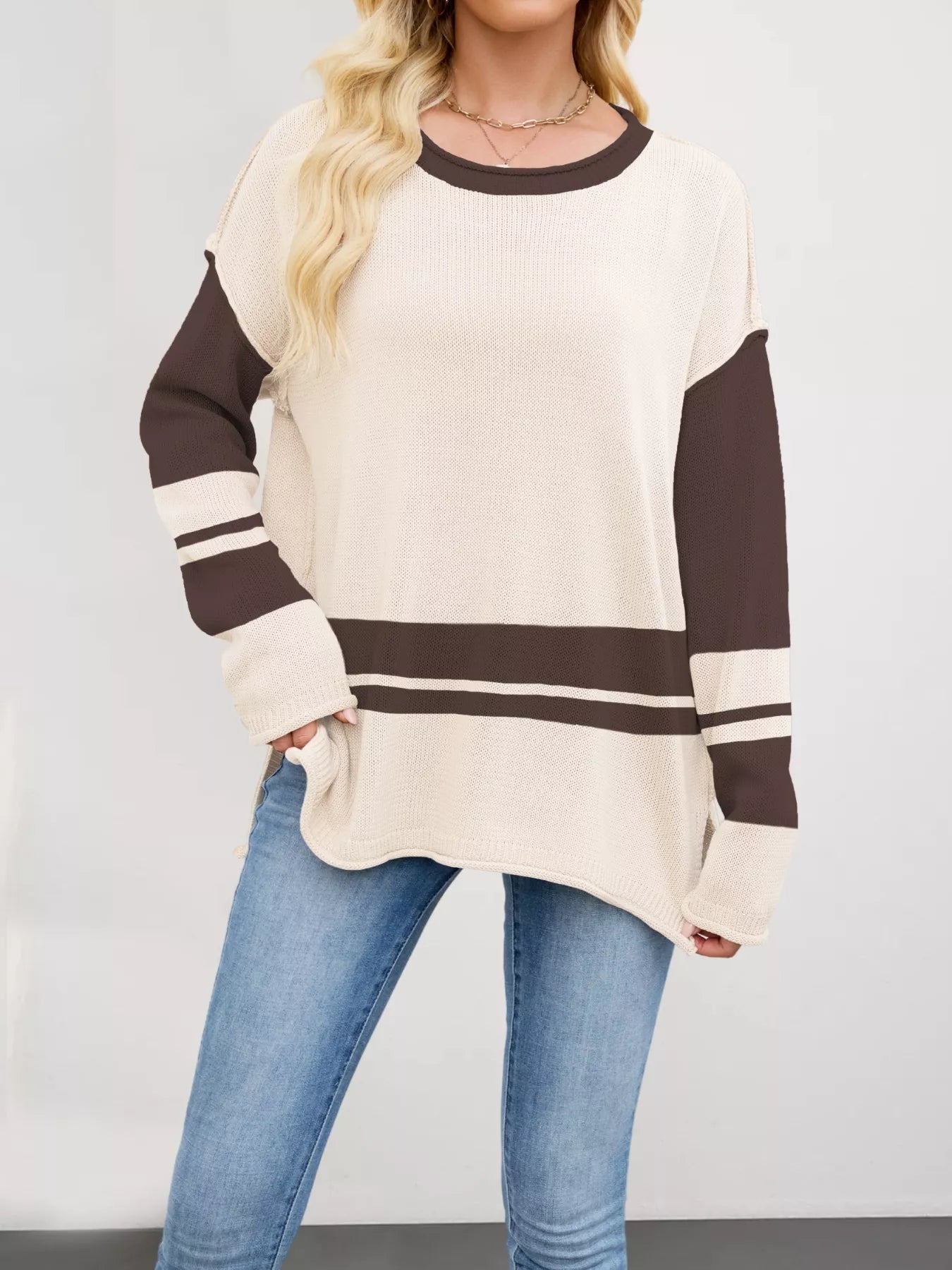 Wanda - Stylish loose color block side slit sweater