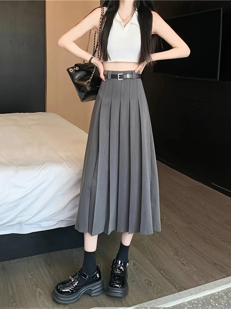 Women's Pleated Midi Skirt | High Waisted, Belted