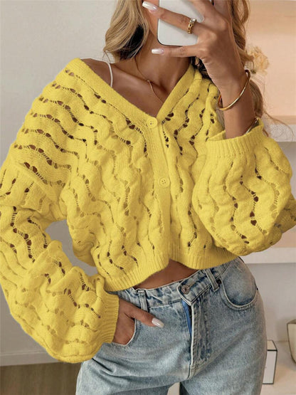 Devina - Stylish hollow out button-up cropped V-neck cardigan