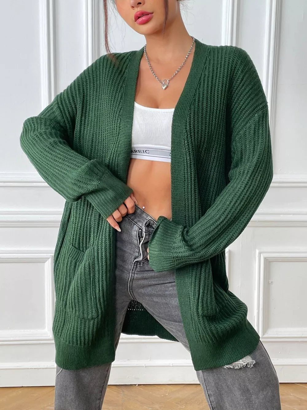 Kacy - Stylish ribbed knitted open front drop shoulder cardigan