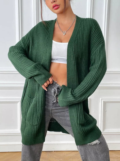 Kacy - Stylish ribbed knitted open front drop shoulder cardigan