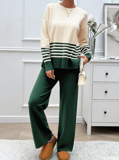Jessamin - Cozy striped round neck sweater and pant set