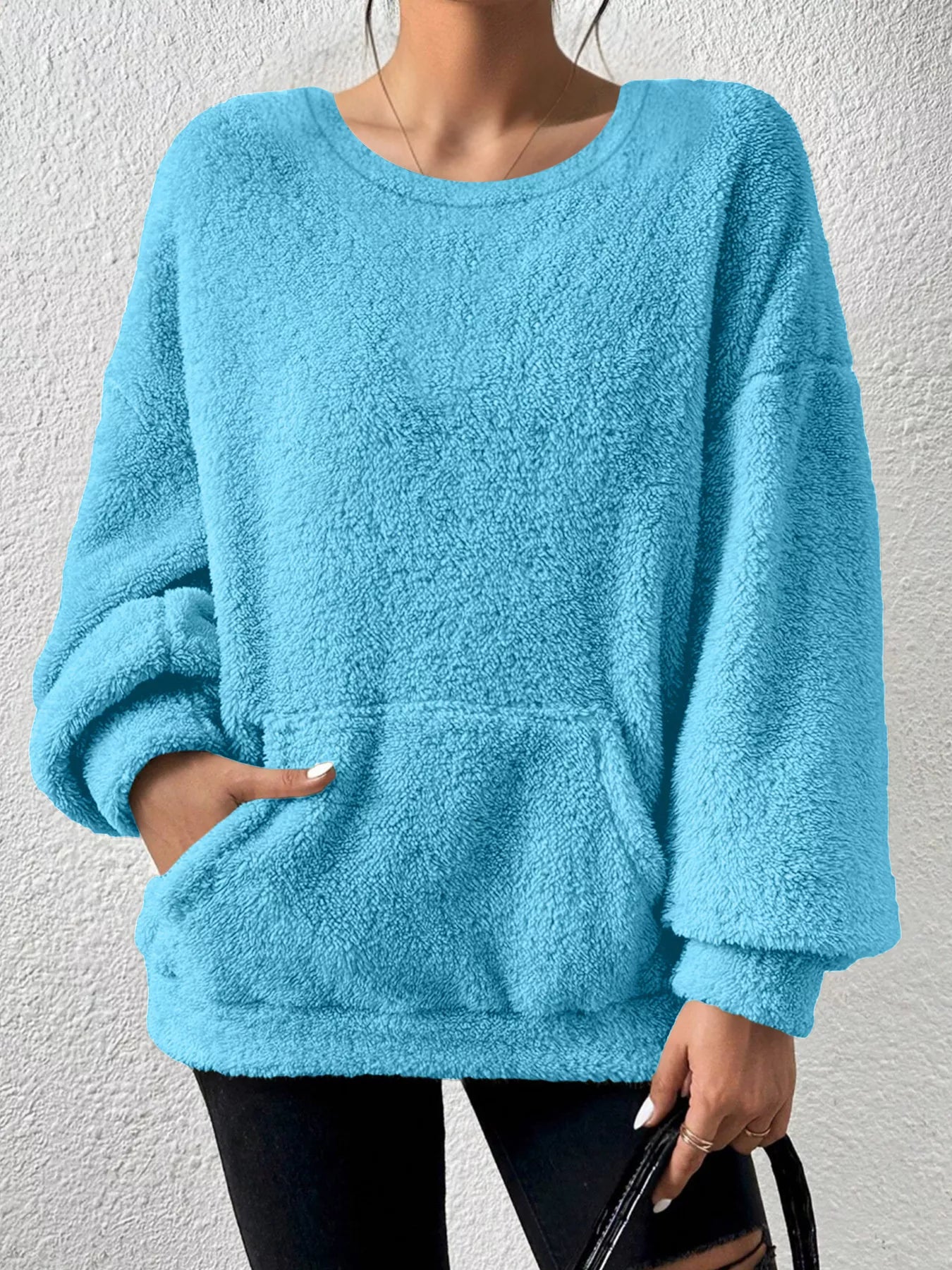 Jiana - Cozy fleece round neck dropped shoulder warm sweater