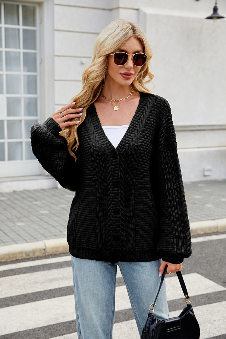 Beatrix - Loose long-sleeved V-neck knitted sweater cardigan