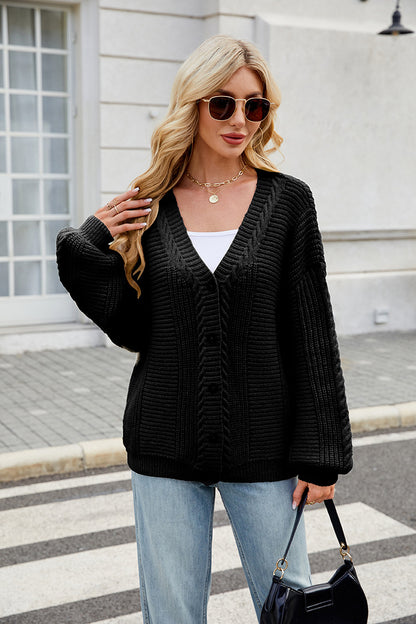Beatrix - Loose long-sleeved V-neck knitted sweater cardigan