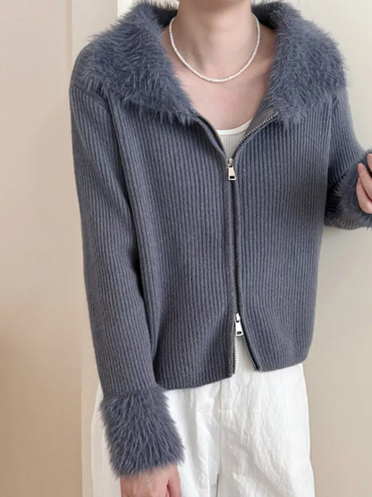 Rilynn - Stylish ribbed fluffy trim zip-up cardigan