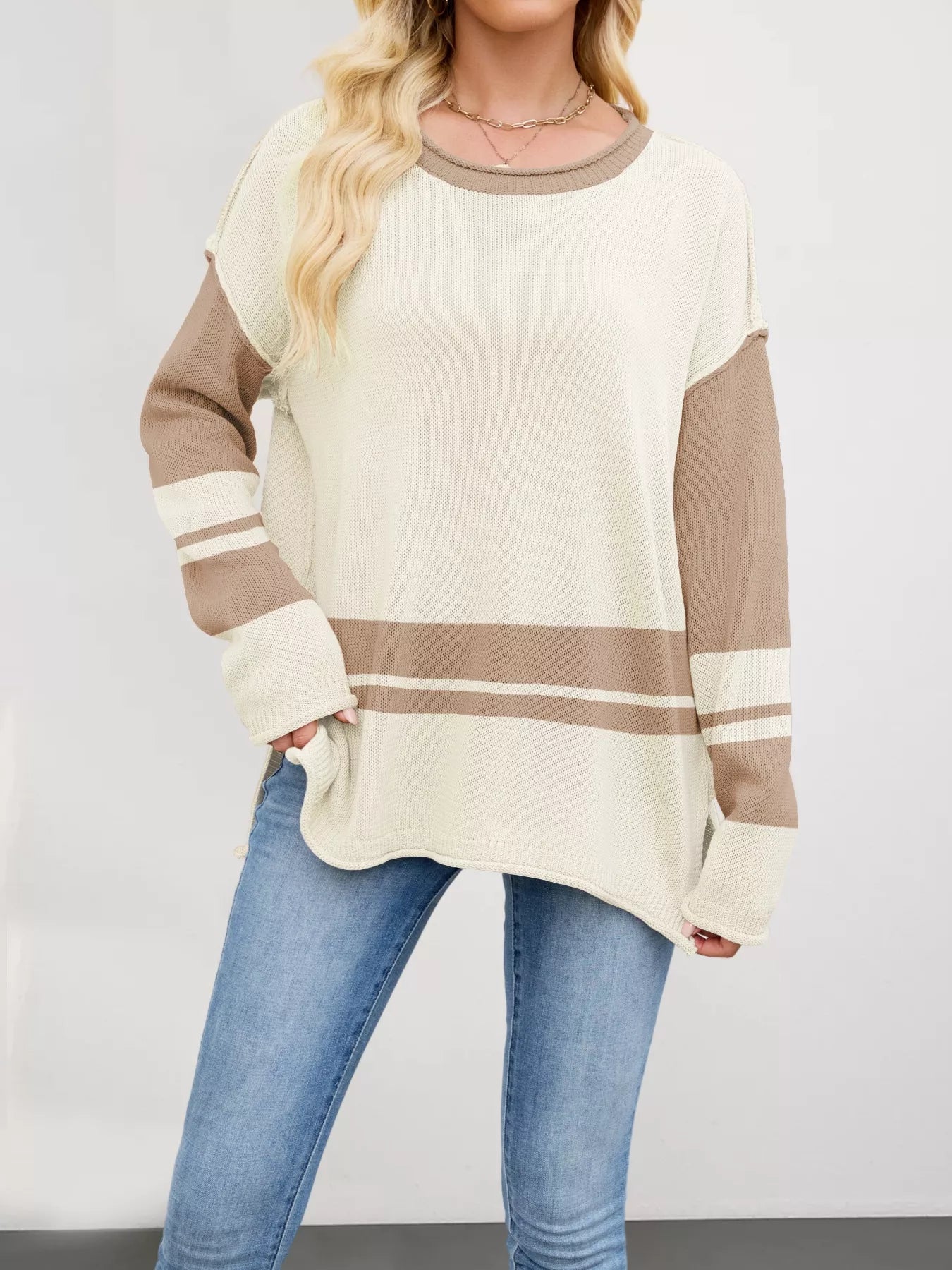 Wanda - Stylish loose color block side slit sweater