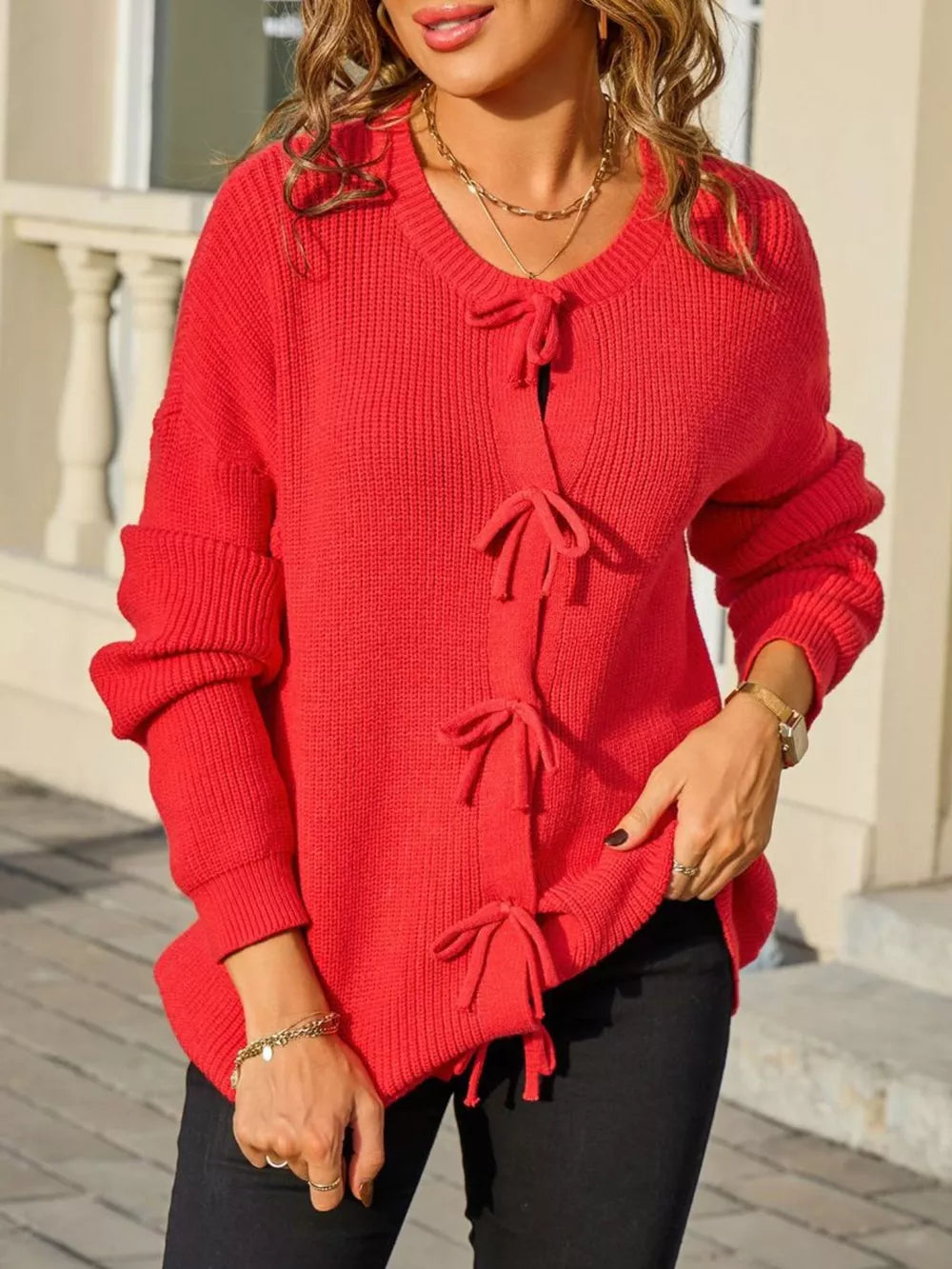 Keziah - Cozy ribbed knit bow-tie cardigan