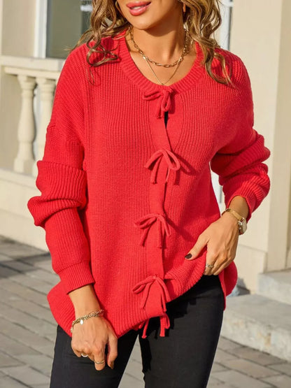 Keziah - Cozy ribbed knit bow-tie cardigan