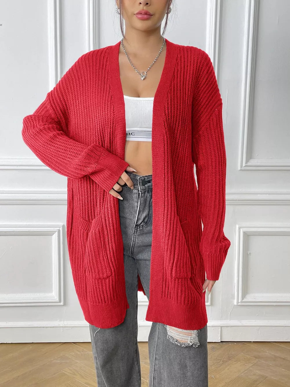 Kacy - Stylish ribbed knitted open front drop shoulder cardigan