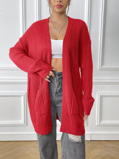 Kacy - Stylish ribbed knitted open front drop shoulder cardigan