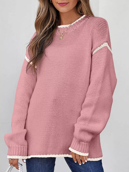 Vanya - Chic contrast trim round neck knitted sweater