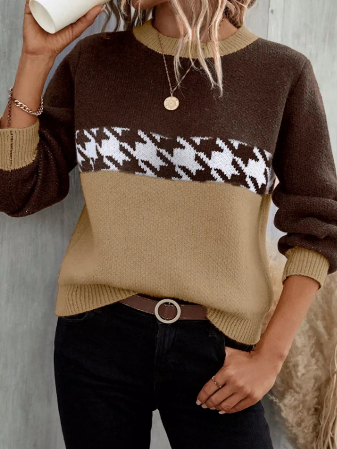 Lucie - Casual color block houndstooth knit sweater