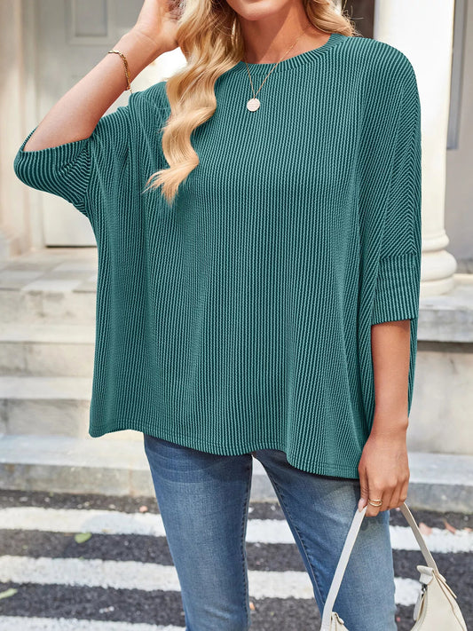 Hannia - Stylish loose fit striped half sleeve sweatshirt