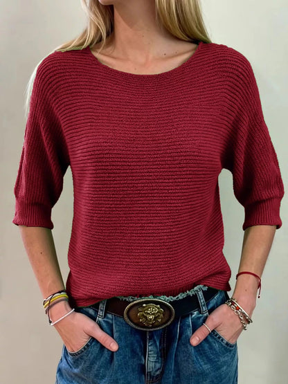 Elisheva - Ribbed knitted round neck half-sleeve sweater