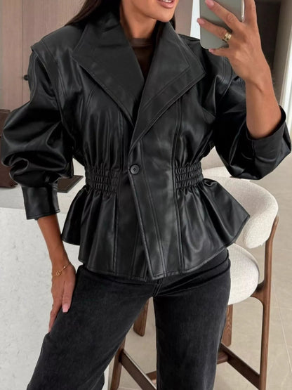 Pamelina - Elegant peplum waist leather jacket