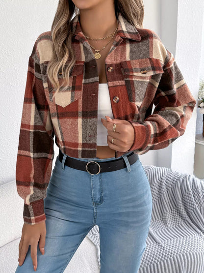 Whittany - Stylish plaid button-up cropped jacket