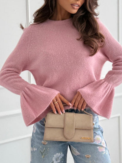Annette - Chic round neck flounce sleeve sweater