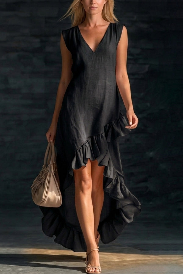 Velinda - Stylish loose V-neck sleeveless ruffled hem maxi dress