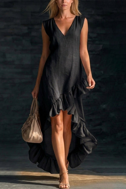 Velinda - Stylish loose V-neck sleeveless ruffled hem maxi dress