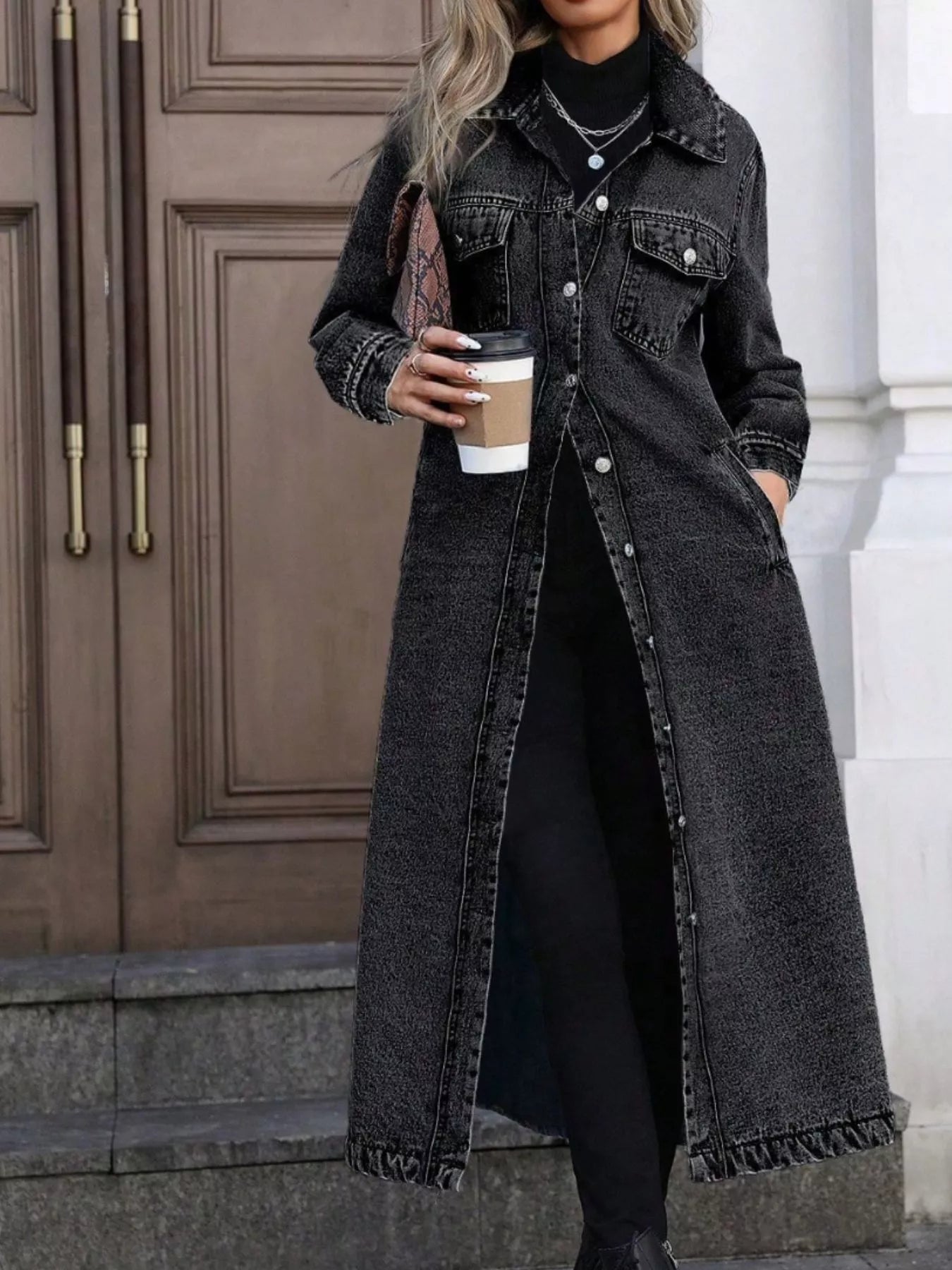 Giuliana - Stylish longline button-front denim jacket coat