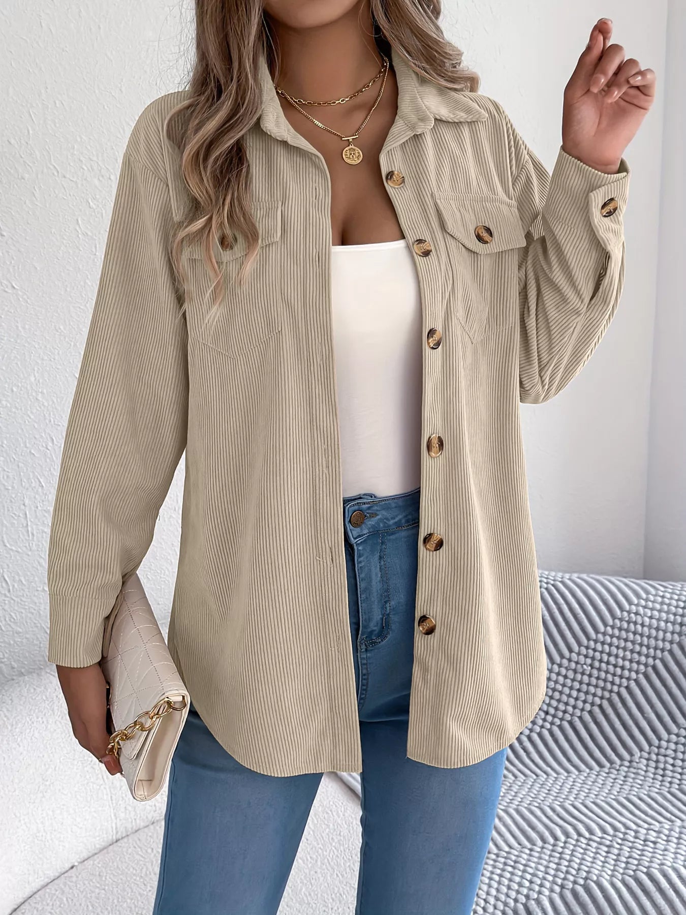 Lillie - Cozy corduroy button-up long sleeve shacket