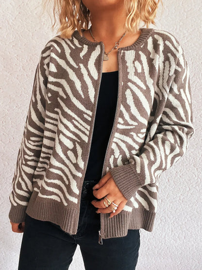 Beatrice - Cozy zebra print zip-up warm cardigan