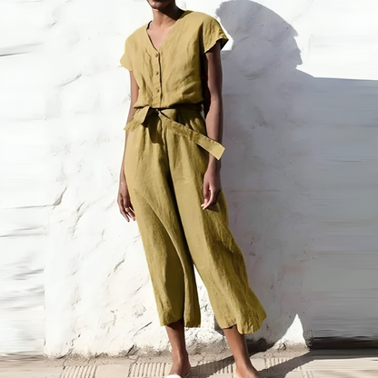 Lizzette - Casual short-sleeve V-neck straight-leg jumpsuit
