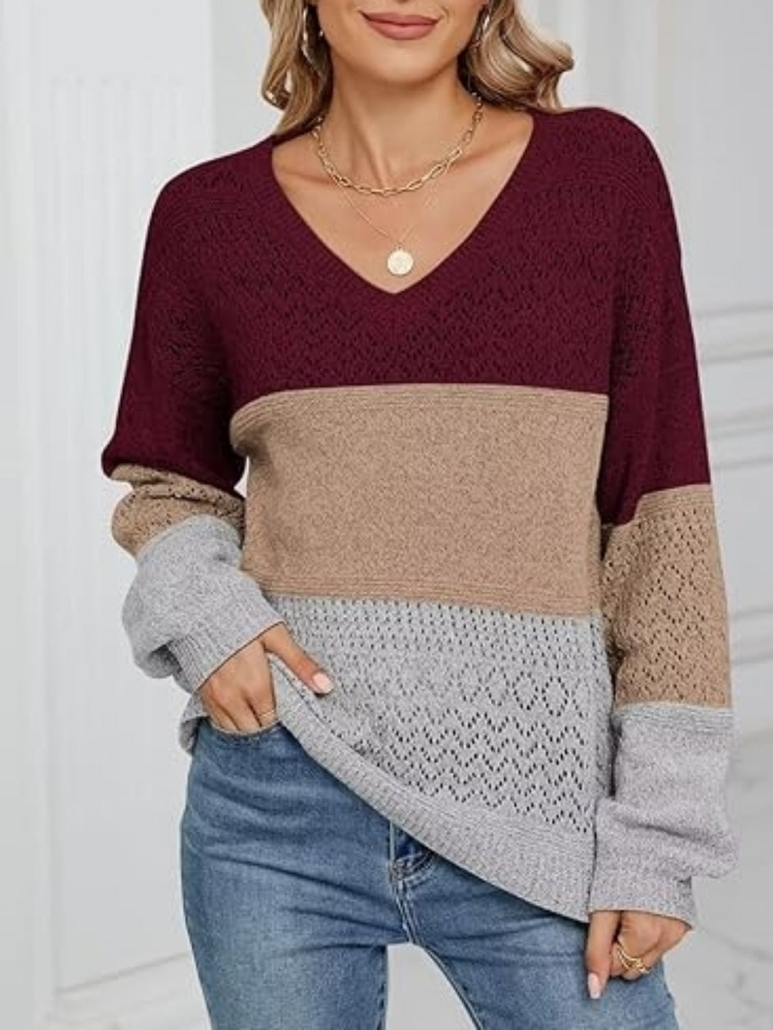 Hannela - Elegant striped eyelet V-neck jumper