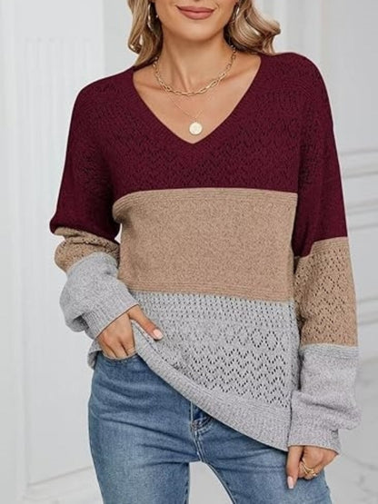 Hannela - Elegant striped eyelet V-neck jumper