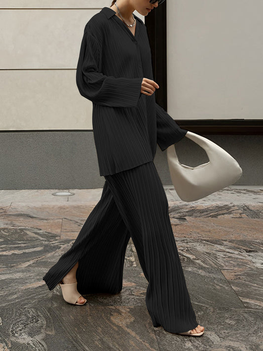 Valery - Elegant pleated blouse and wide-leg trousers set