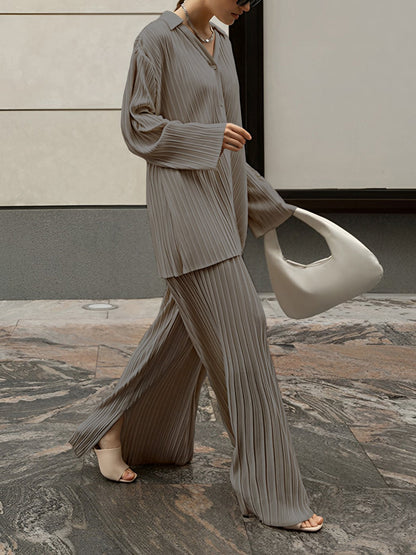 Valery - Elegant pleated blouse and wide-leg trousers set