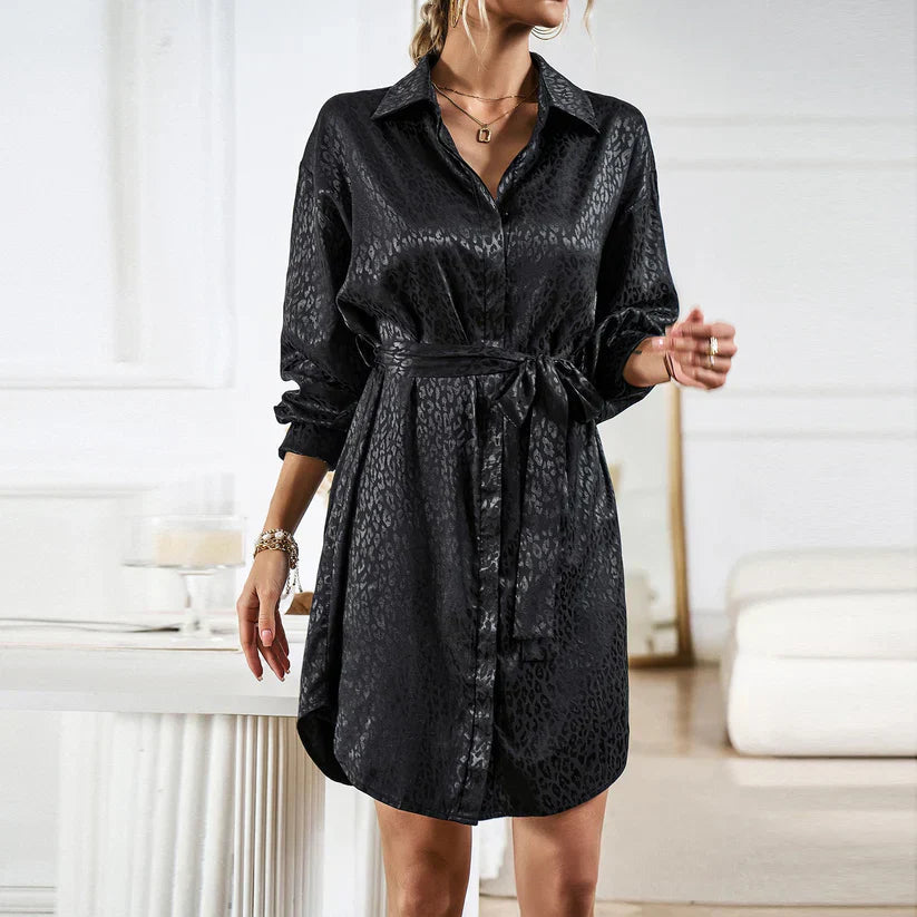Wendelynn - Elegant leopard-style long-sleeve mini dress with belt