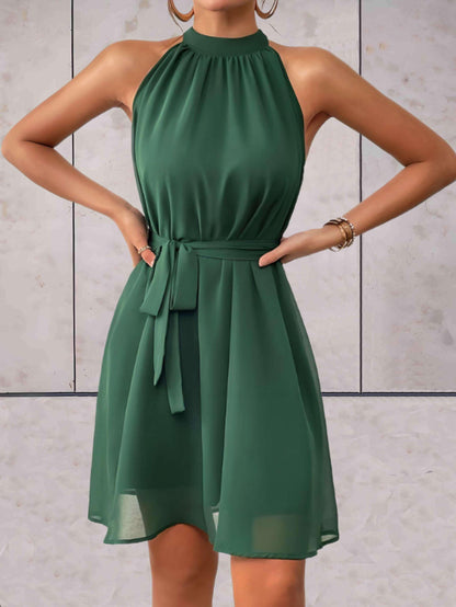 Amethyst - Elegant sleeveless halter dress with bow belt