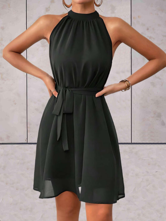 Amethyst - Elegant sleeveless halter dress with bow belt