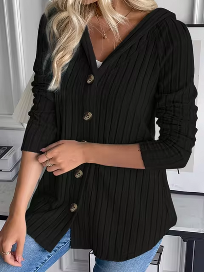 Berdine - Ribbed knit button hoodie cardigan