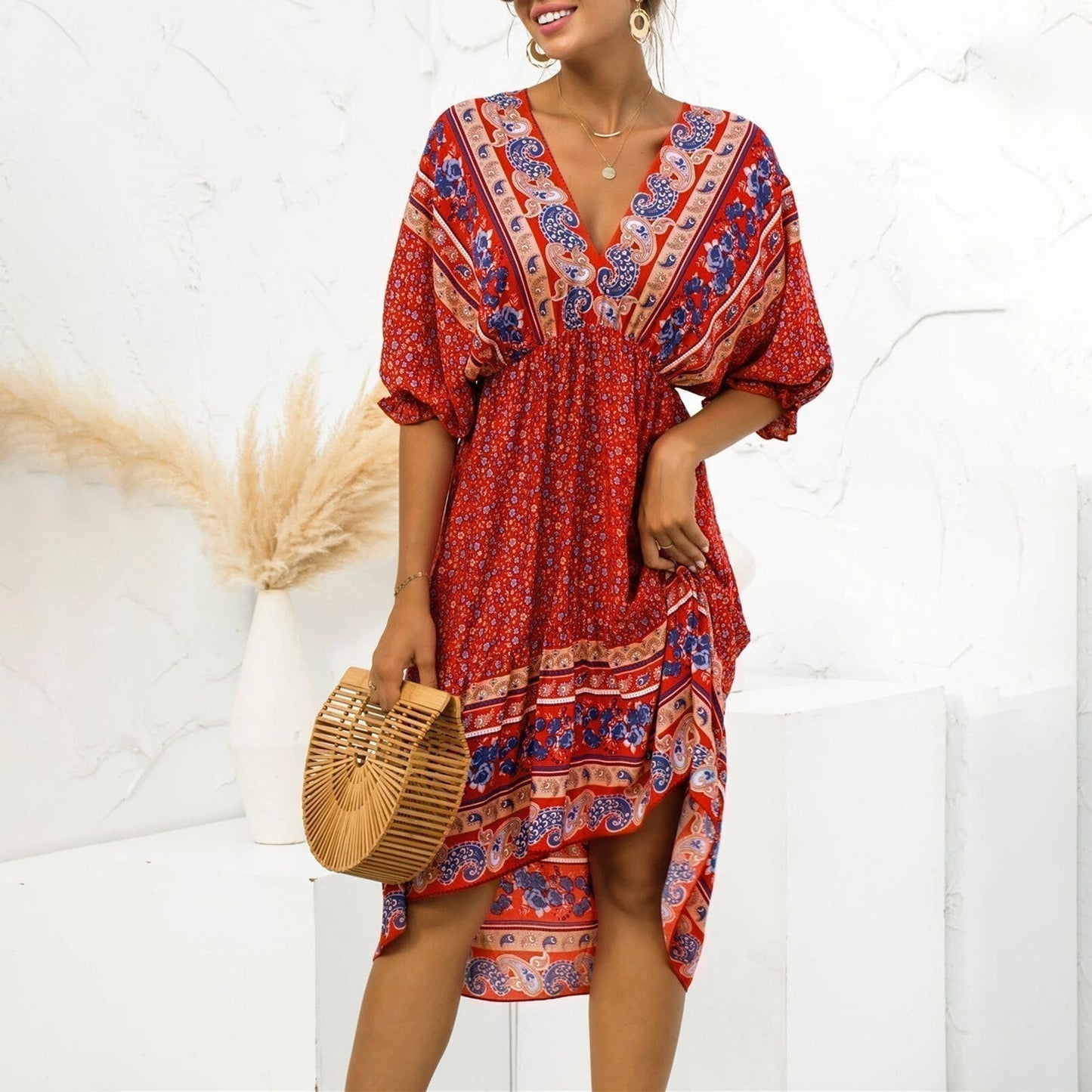 Verosha - Elegant floral midi dress with half sleeves and deep V-neck
