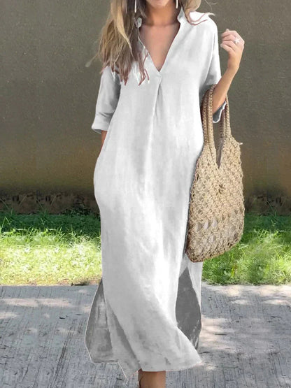 Janela - Loose comfortable half-sleeve deep V-neck dress