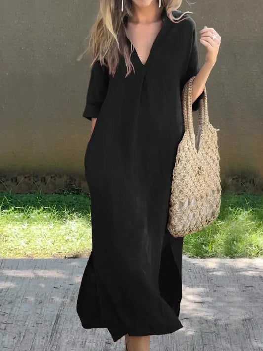 Janela - Loose comfortable half-sleeve deep V-neck dress
