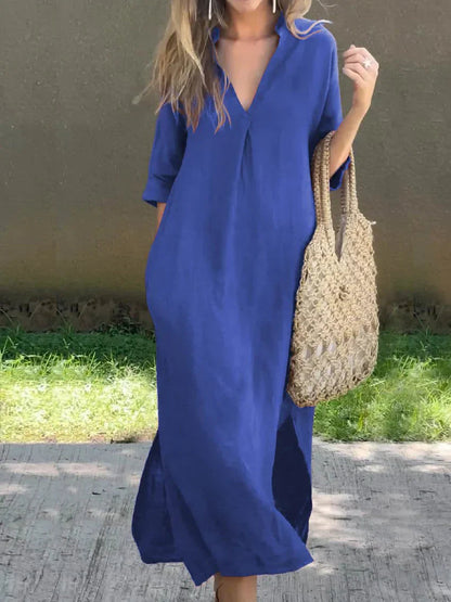 Janela - Loose comfortable half-sleeve deep V-neck dress