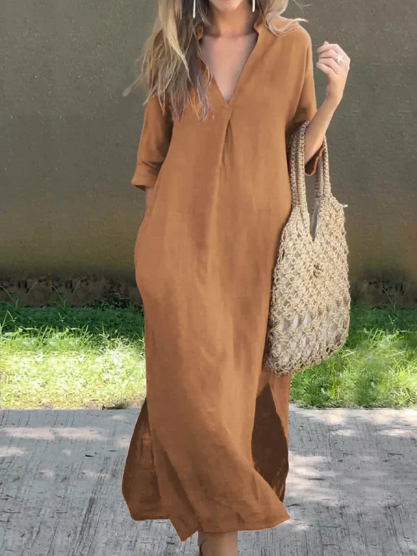 Janela - Loose comfortable half-sleeve deep V-neck dress