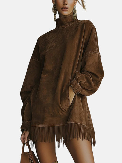 Valeth - Cozy suede fringe long-sleeve dress