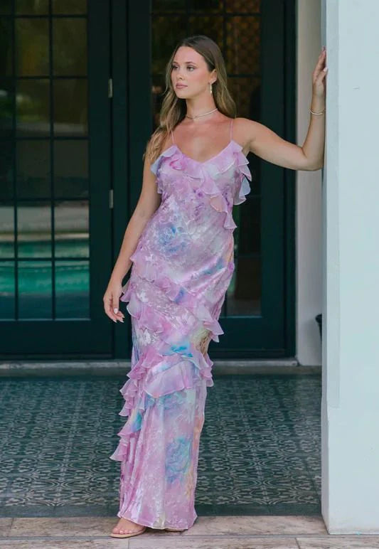 Women's Summer Evening Dress | Ruffle, Floral Mesh