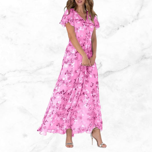 Roswen - Elegant floral maxi dress with V-neck and ruffles
